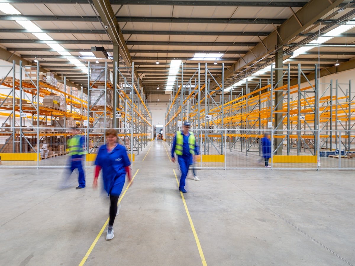 Goods stacked on racking in a distribution warehouse